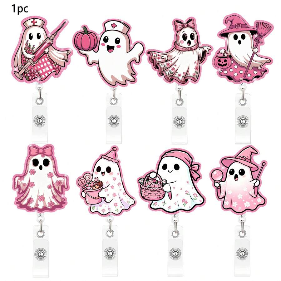 1pc Pink Halloween Ghost Glitter Acrylic Rotating Crocodile Clip Retractable Badge Holder For Nurses - A - View 1