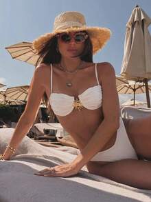 Bikinx Metallic Solid Color Sexy Bikini Swimwear Set For Women, Suitable For Summer Beach Vacation White - White - View 12