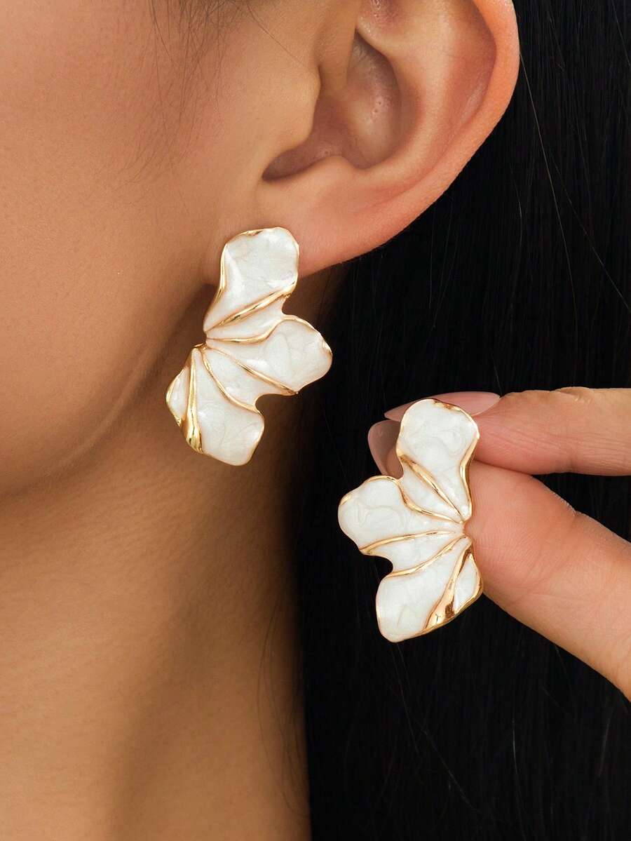 1對夏季甜美可愛度假風手工褶皺油滴珍珠光白色半花女款耳釘時尚飾品 - 白色 - 查看 1