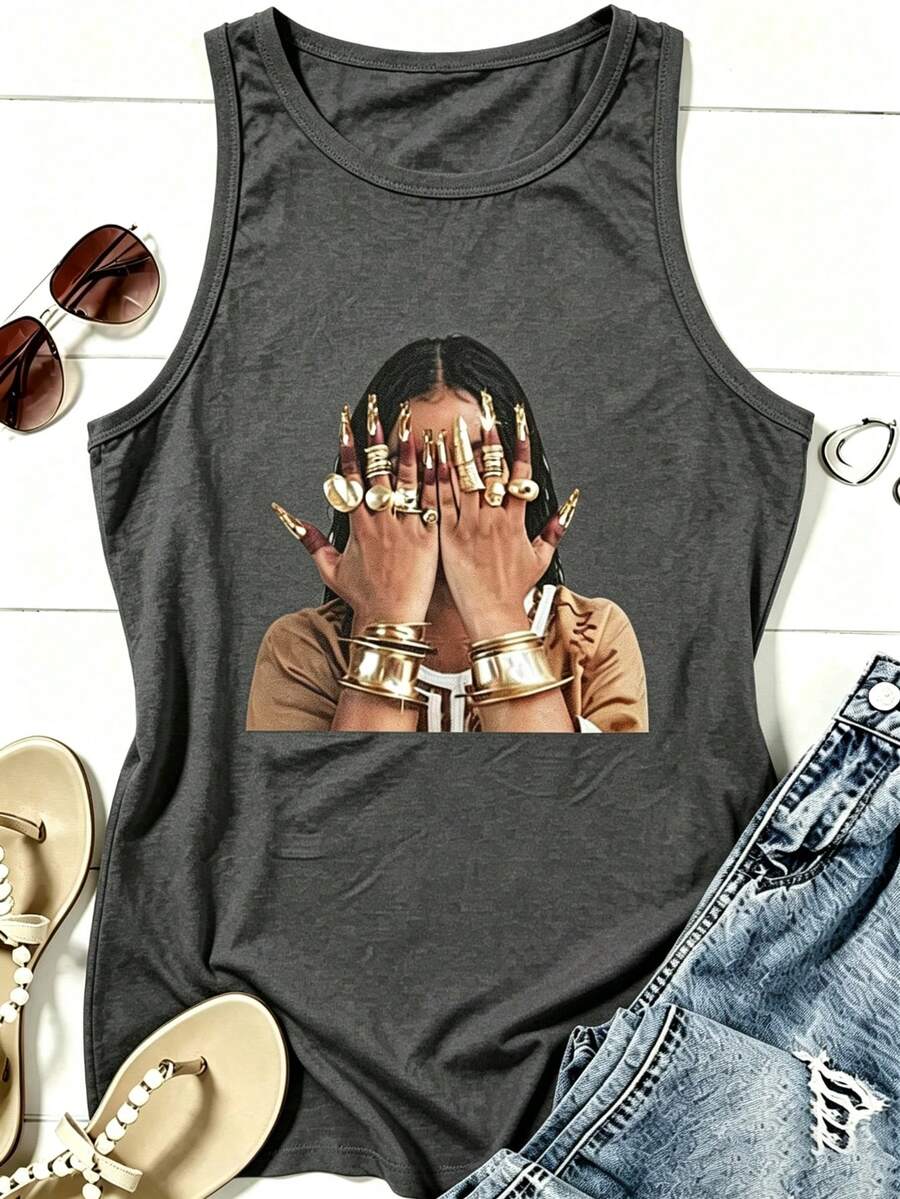 Women Round Neck Vest Top, Portrait Graphic Printed Top, Suitable For Spring, Summer And AutumnUnisex Vintage Washed Tank Top - 灰色 - 查看 1