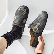 Fashionable Denim Gradient Cork Sole Comfortable Insole Men's Slip-On Casual Mule Slippers, Suitable For All Seasons, Commuting, Home, Office, Travel, Beach, Vacation - Black - View 5