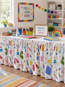 1pc Back To School Classroom Table Skirt, Colorful Crayon Scissors Glue Notebook Star Stationery Print Pleated Tablecloth, Hook And Loop Wrinkle-Resistant Washable, Teacher Desk Handmade Market Education School Event Display Table Decor - Multicolor - View 6