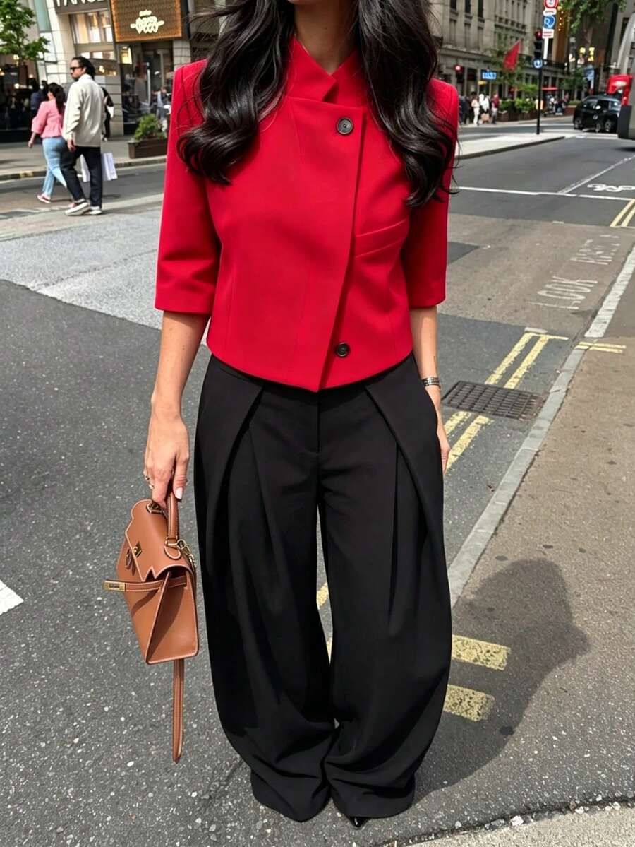 DEEKA 春夏新款女式歐美風時尚簡約百搭短袖短版西裝外套,辦公室女郎紅 - 紅色 - 查看 1