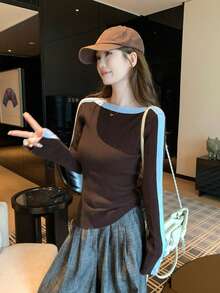 Contrast Color Ribbed Off-Shoulder Split Sleeve Slim Fit Knit Top - Coffee Brown - View 10