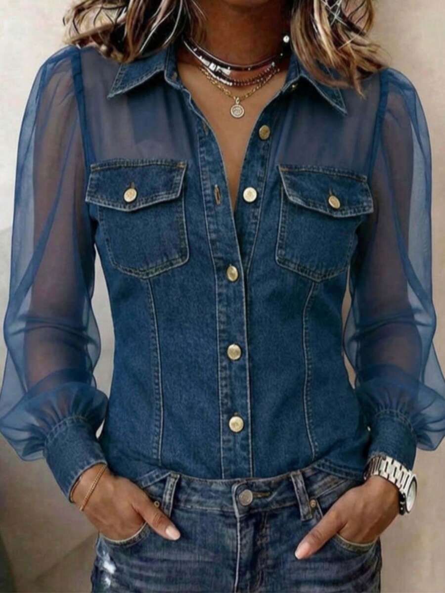 Women's Denim Fabric & Mesh Patchwork Shirt, Long Sheer Puff Sleeves, Button-Down With Fake Chest Pockets, Slim Fit Casual Top For Everyday Wear - 藏蓝色 - 查看 1