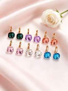 6 Pairs Elegant Cute 14K Gold Plated Colorful Square Rhinestone Candy Pendant Earrings Set, Suitable For Summer Wear, Noble Party Daily Wear, Cubic Zirconia Jewelry, Valentine's Day Mother's Day Birthday Gift, Travel Vacation Beach Accessory - Multicolor - View 4