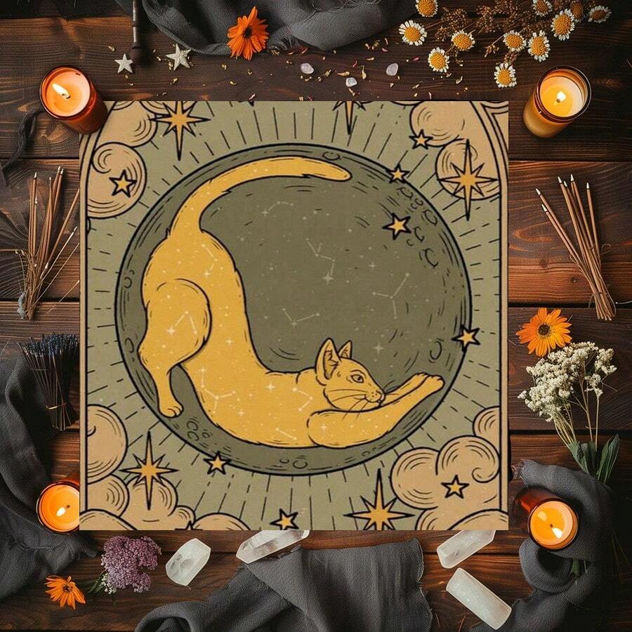 1 Stück Vintage Stretch Gelbe Katze Vollmond Tarot Tuch Konstellation Stern Wolke Himmlische Altar Matte Weicher Stoff Tarot Ausbreitung Tischdecke Niedlich Mystisch Hexe Spirituelle Wahrsagerei Karten Matte Heim Ritual Dekoration Geschenk - Schwarz - Übersicht 1