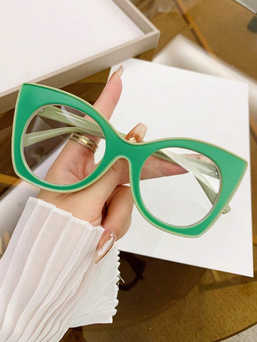 1PC Women's Retro Cat Eye Contrast Color Y2K Sweet Cool Style Fashion Street Plain Lens Glasses Frame - Clear - View 1