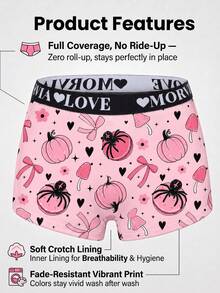Dircho 1pc Women Pink Pumpkin Spider Bow All Over Print Boyshort Panties, Letter Elastic Waistband, Soft Skin-Friendly Non-Roll Underwear - Multicolor - View 4