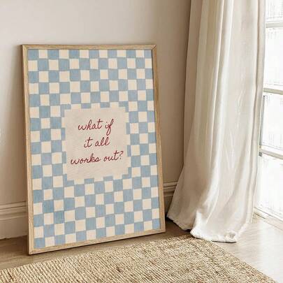 1pc Framed/Unframed What If It All Works Out Motivational Canvas Poster Blue Checkered Affirmation Wall Art Print Preppy Coquette Dorm Aesthetic Decor Scroll Painting For Dorm,Living Room,Bedroom,Modern Home Decoration