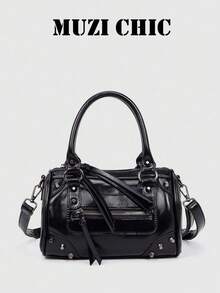 Minimalist Glossy Boston Handbag, Full Metal Rivet Decorated Front Zipper Pocket, Detachable Wide Strap Portable Bowling Crossbody Industrial Detail - Black - View 1