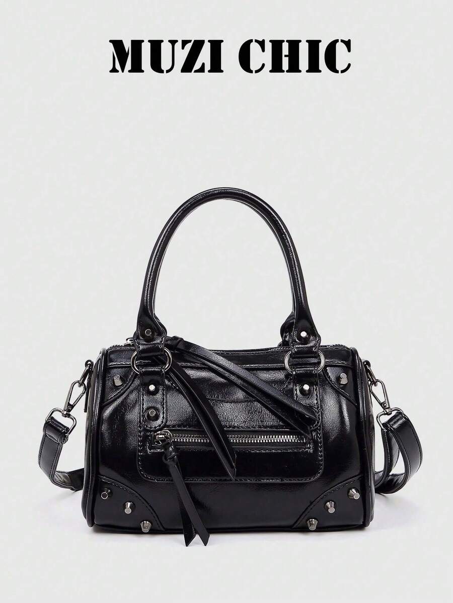 Minimalist Glossy Boston Handbag, Full Metal Rivet Decorated Front Zipper Pocket, Detachable Wide Strap Portable Bowling Crossbody Industrial Detail - Black - View 1