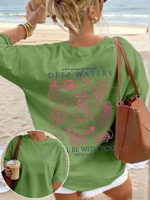Cute Marine Life Print Women's Loose T-Shirt, Round Neck Short Sleeve Summer Top, Vintage Street Style Washed Cotton Graphic Tee For Vacation Daily - 綠色 - 查看 6
