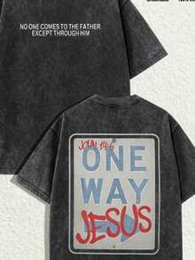 Dieses locker geschnittene Baumwoll-T-Shirt der Marke Y2K ist von christlichen Motiven inspiriert und trägt den Aufdruck "One Way Jesus". Es besteht aus 230 g gewaschener Baumwolle. Das Design ist schlicht und - Schwarz - Übersicht 2
