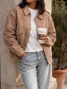 Middle-Aged Women Camel Faux Suede Lapel Jacket, Loose Drop Shoulder Short Casual Spring/Autumn Versatile Top - Camel - View 3
