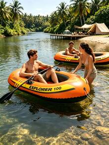 Bote inflable Explorer 100 individual, PVC pesado a prueba de fugas, inflado rápido con agarres antideslizantes, flotador plegable y portátil con remo & cuerda, para deriva en río, pesca en lago, camping junto al río, deportes acuáticos de verano para adultos & familia - Multicolor - Ver 2