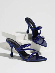 Jin Bei Qi 女款奢華鏡面亮面交叉細帶平底藍色水滴跟穆勒鞋，派對約會優雅時尚高跟涼鞋，藍色高跟鞋 - 藍色 - 查看 6