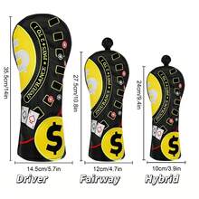 Casino Chip Poker Dollar Golf Club Headcover, Multi- Embroidered Personalized, Black & Yellow Contrast Visual Highlight; Universal Fit Standard 1/3/5 Wood Size, Thickened PU Padding, Niche Creative Golf Protection Cover - Black - View 3