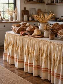1pc Farmhouse Style Autumn Table Skirt, Gold Wheat Ear Striped Vintage Print Pleated Tablecloth, Hook And Loop Anti-Wrinkle Washable, Suitable For Thanksgiving Harvest Party, Autumn Wedding Buffet, Catering Event Table Decoration - Multicolor - View 9