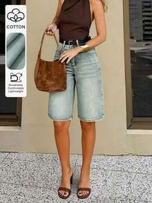 Women's Streetwear Minimalist Loose Low-Waist Straight Leg Denim Bermuda Shorts, Summer Casual Vacation - Medium Wash - View 1