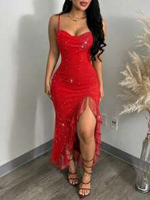 ChicMe Gaun Midi Wanita Berkilau dengan Kerah Model Cowl dan Belahan Samping, Tanpa Lengan, Tanpa Punggung, Model Bodycon untuk Pesta Malam - Merah - View 3