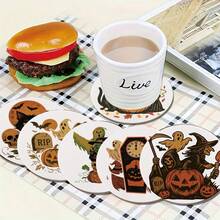 1 Set Wooden Halloween Ghost Pumpkin Coasters With Cork Base And Iron Frame, Gothic Wooden Beverage Coasters, Suitable For Halloween Party Supplies, Gift For Friends - Multicolor - View 5