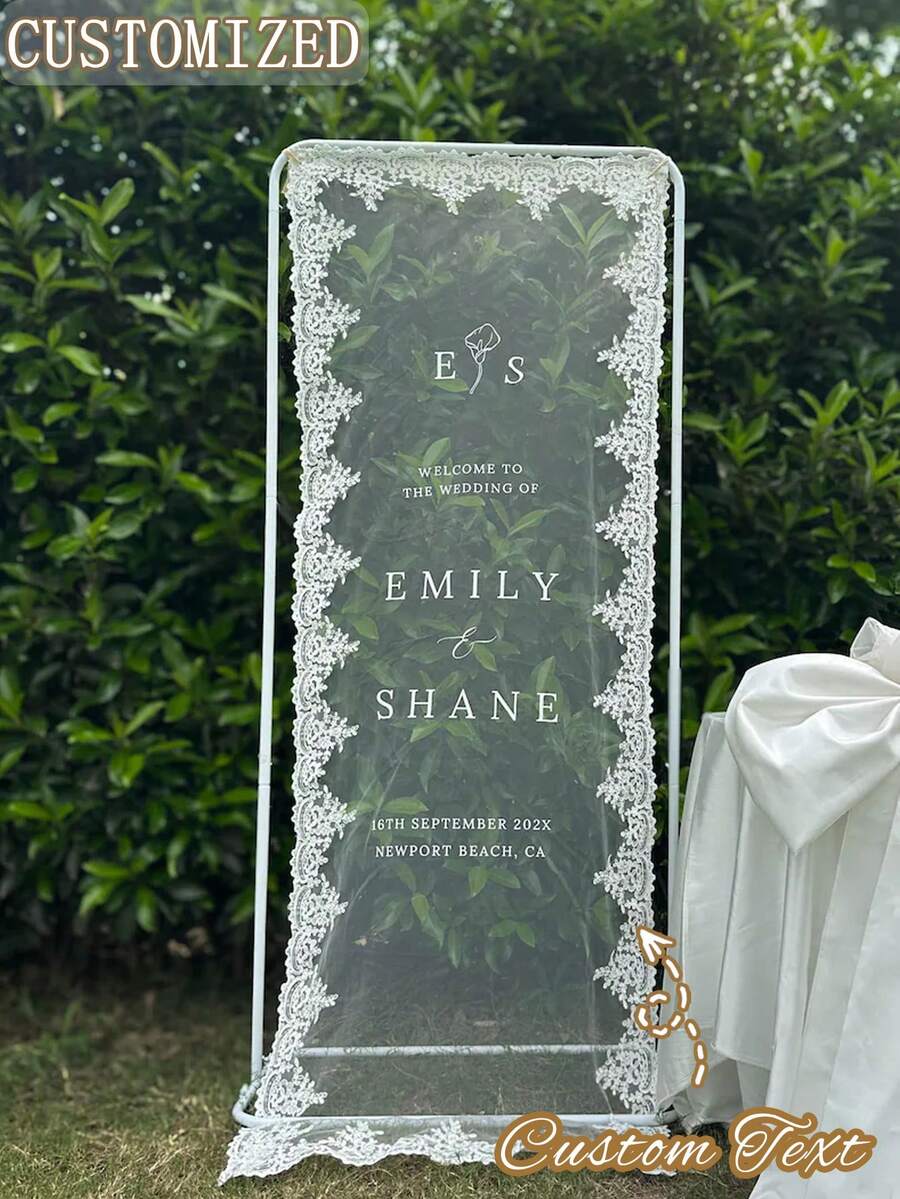 Personalized Semi-Transparent Lace Wedding Welcome Sign, Customized Initial Name Date, Mesh Welcome Banner, Outdoor Garden Wedding Entrance Decoration