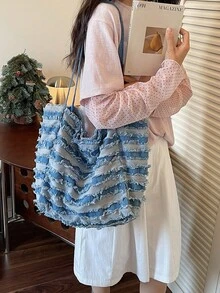 女士大容量單肩包 慵懶風丹寧女包 時尚女士托特包 - 彩色 - 查看 2