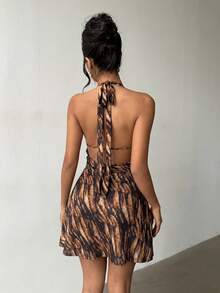 Brown Halter Neck Sleeveless Tie-Back Open Back Mini Dress, Summer Casual Fashion Style, Suitable For Festivals, Vacations, Beach, Outings Party - Brown - View 4