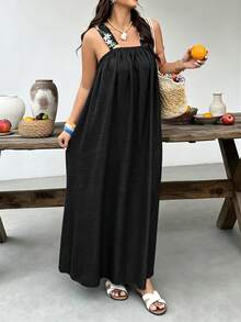 Plus Size Women's Spring/Summer Lemon Print Contrast Color Shoulder Strap Backless Casual Vacation Dress - Black - View 4