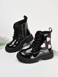 Girls' Black Shiny Ankle Boots With Side Glitter Heart Decor, Convenient Side Zipper & Lace-Up Thick Sole, Sweet Versatile Work Boots For Autumn/Winter - Black - View 1