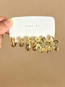 Set Anting Bunga Logam Vintage 6-18 Buah, Desain C-Hoop Tetes Air Berpilin, Cocok untuk Perjalanan Sehari-hari, Pesta Liburan, Satu Set untuk Semua Pakaian - Emas - View 4