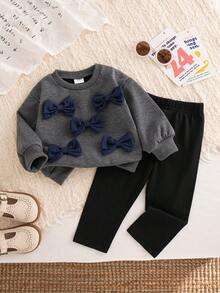 Autumn/Winter Baby Girl Cute Blue Double-Layer Bow Round Neck Versatile Loose Sweatshirt & Black Casual Long Pants Commuter Set - Grey - View 1