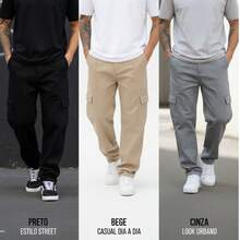 Calça cargo Oversized masculina com e leve comprida solta casual cordão cintura streetwear skate unissex conforto Longa confortável - Jeans Estonado - Visão 6