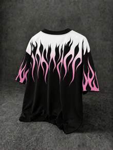 Fractyr Men's Gradient Pink Flame Print Color Block Crew Neck T-Shirt, Black White Contrast Oversized Y2K Streetwear Short Sleeve Tee - Black - View 4
