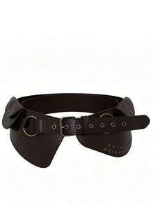 Y2K Punk Wide Waist Belt, Women's Brown Faux Leather Corset Belt With Rivet Details & Utility Pockets, Perfect For Festival Outfits & Daily Wear - Multicolor - View 5