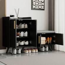 Modern Shoe Bench With Wood Grain, Storage Cabinet, Four Storage Doors, Asymmetric Metal Handles, - 黑胡桃木 - 查看 2