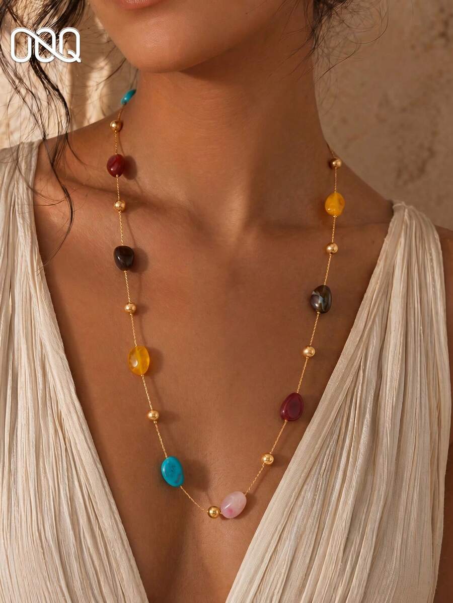 OOQ 1pc Bohemian Style Colorful Asymmetrical Resin Beaded Necklace, Elegant Personalized Sexy Collarbone Chain, Suitable For Beach, Vacation, Party, Daily Wear, Gift For Friends And Family - Colorful - View 1