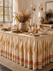 1pc Farmhouse Style Autumn Table Skirt, Gold Wheat Ear Striped Vintage Print Pleated Tablecloth, Hook And Loop Anti-Wrinkle Washable, Suitable For Thanksgiving Harvest Party, Autumn Wedding Buffet, Catering Event Table Decoration - Multicolor - View 3