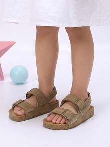 1 Pair Classic Unisex Kids Double Strap Hook & Loop Vintage Camel Color Versatile Beach Sandals Suitable For Summer - Camel - View 5