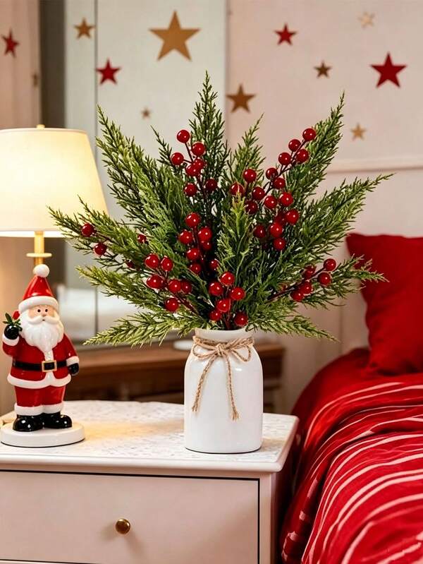 20pcs Artificial Pine Branches With Red Berries Stems, Holly Berry Twigs Christmas Tree Decor Floral Arrangement, Christmas Decoration Artificial Greenery Christmas Ornaments, Suitable For DIY Handmade Wreaths, Holiday Decor, Table Centerpiece, Christmas Party Decoration