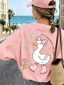 青少年女孩休閒趣味印花圓領套頭短袖T恤夏季上衣 - 粉色 - 查看 2