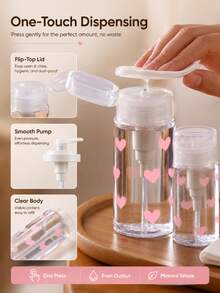 1/2pcs Heart Pattern Pump Bottle Set, Travel Refillable Container 150ml/200ml, Toner Lotion Makeup Remover Storage Dispensing Bottle, Press-To-Dispense, Portable Cosmetic Accessory, Leak-Proof Design, Suitable For Skincare Beauty Daily, Home, Salon, Travel - Multicolor - View 5