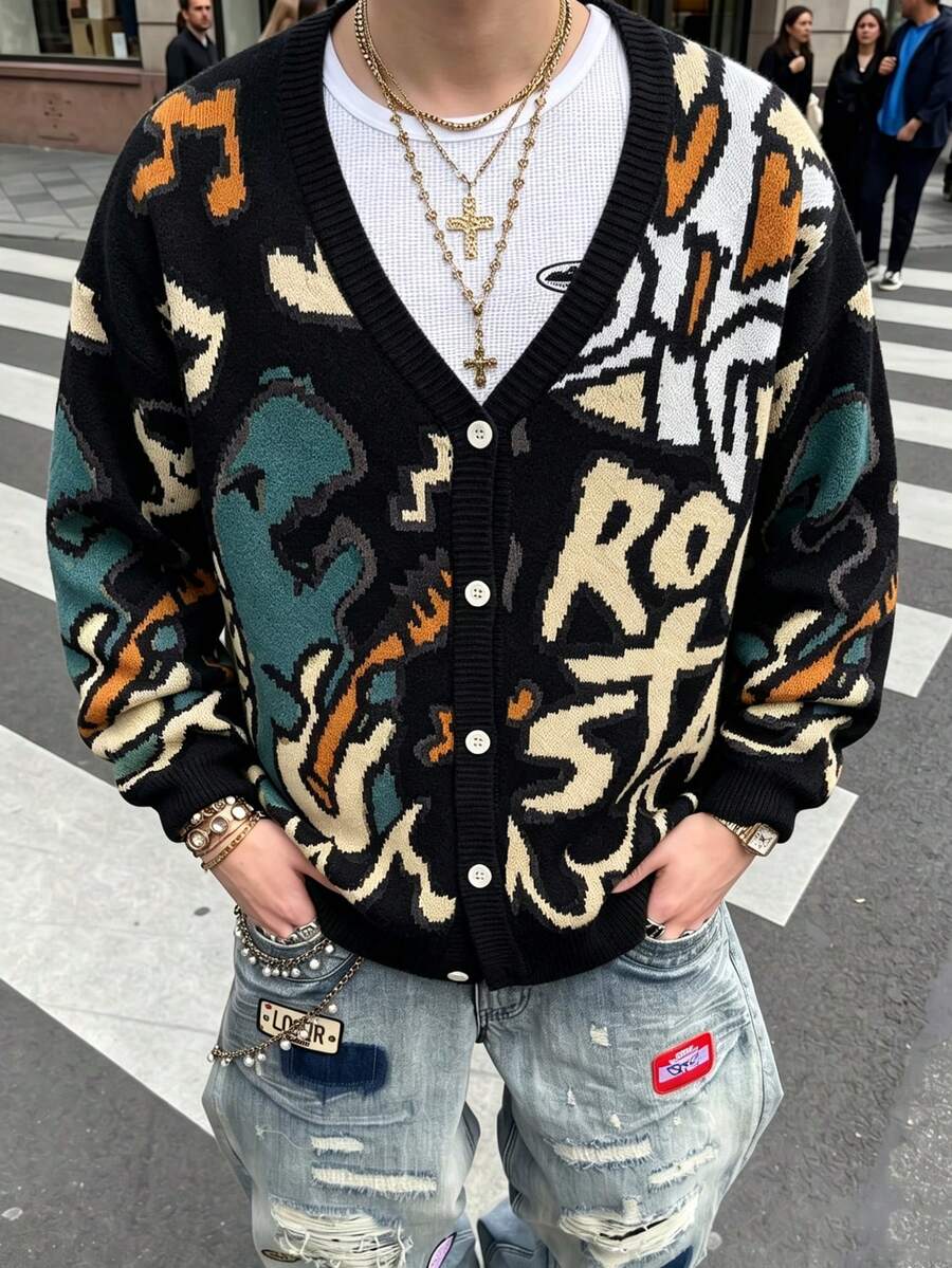 ANDREILEE 休闲宽松V领开衫毛衣,饰有恐龙和字母图案,男女皆宜的百搭街头服饰,适合春、秋、冬季穿着。 - 黑色 - 查看 1