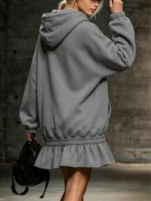 European & American Street Casual Hooded Sweatshirt Dress For Women, Drawstring Hood, Kangaroo Pocket, Dropped Shoulder, Long Sleeve, Ruffle Hem, Patchwork, Loose Fit, Slimming, Sporty Style, Short Dress - Grey - View 5