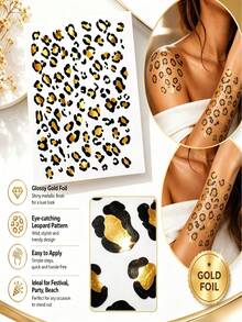 1pc Y2K Gold Foil Leopard Print Tattoo Sticker, Vintage Leopard Pattern, Music Festival Party Hot Girl Skin Atmosphere Decoration Sticker - Multicolor - View 2