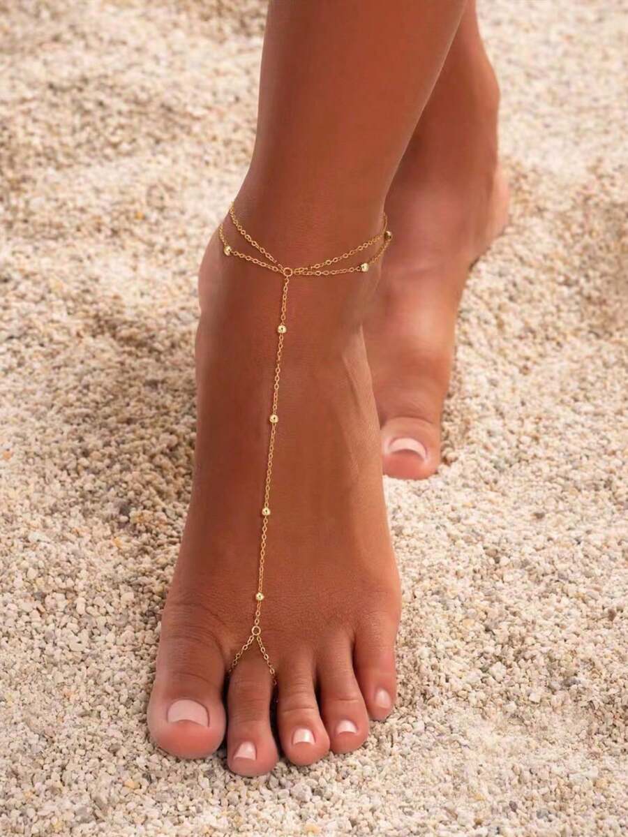 1 buah Gelang Kaki Jari Kaki Wanita Gaya Liburan Bohemian Pantai Dua Lapis Bertumpuk dari Baja Tahan Karat Emas, Dapat Dipersonalisasi - Emas - View 1