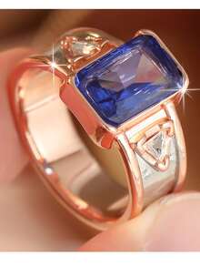 Gmzalx Cincin Fashion Mewah Wanita, Desain Persegi Panjang Biru Berkilau, Gaya Vintage Mewah, Cocok Untuk Perjalanan Sehari-hari dan Pesta - Dua warna - View 5