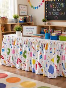 1pc Back To School Classroom Table Skirt, Colorful Crayon Scissors Glue Notebook Star Stationery Print Pleated Tablecloth, Hook And Loop Wrinkle-Resistant Washable, Teacher Desk Handmade Market Education School Event Display Table Decor - Multicolor - View 7