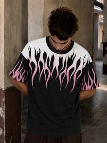 Fractyr Men's Gradient Pink Flame Print Color Block Crew Neck T-Shirt, Black White Contrast Oversized Y2K Streetwear Short Sleeve Tee - Black - View 1